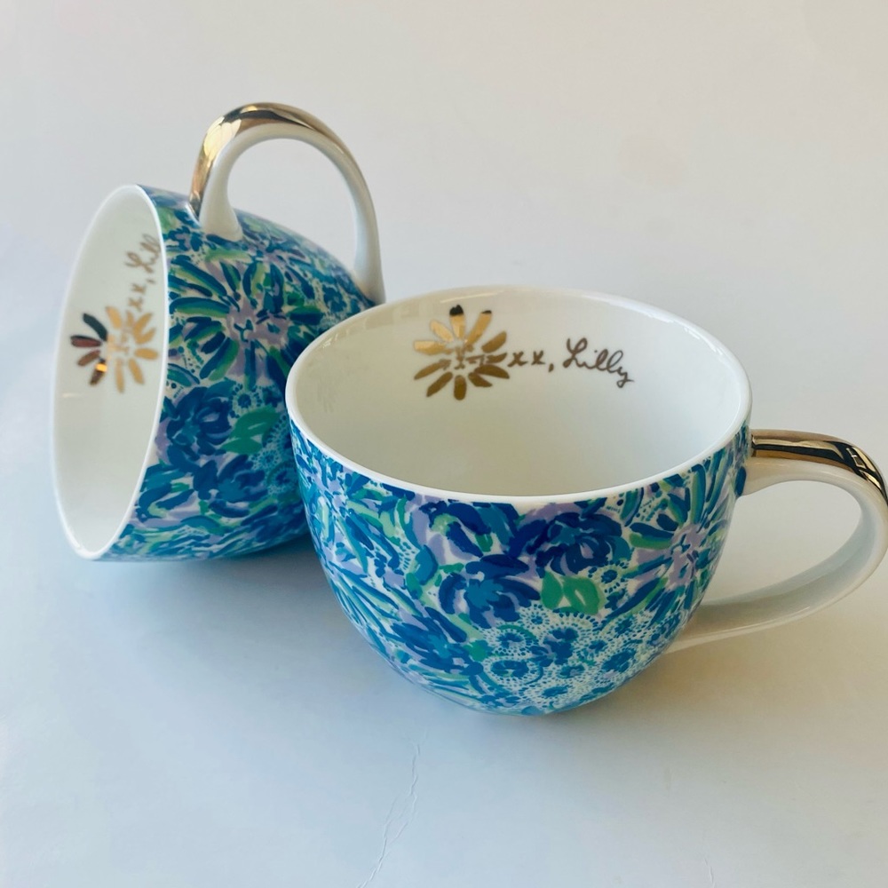 Lilly Pulitzer Blue Floral Ceramic Coffee & Tea Mugs Gold Handle Set of 2